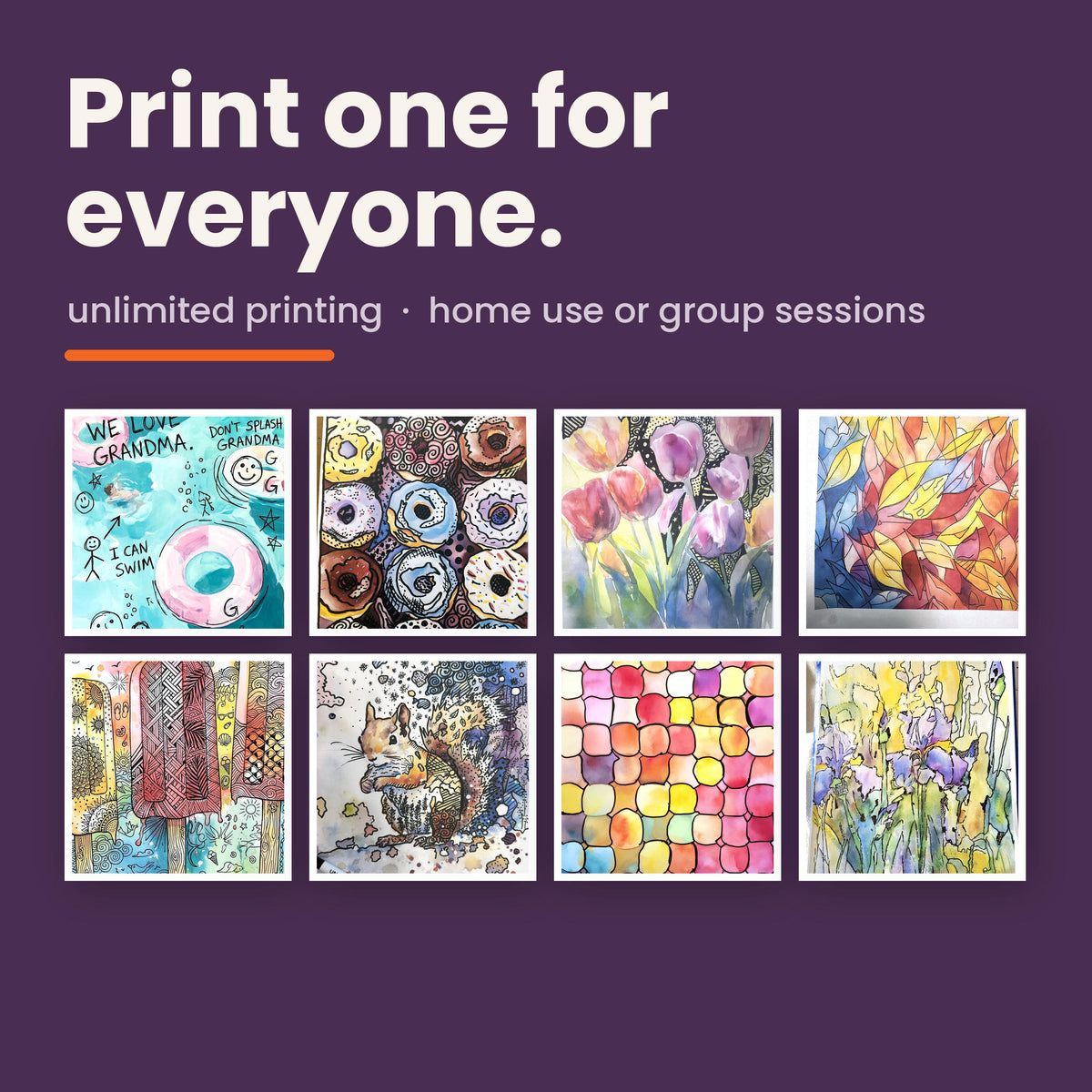 Eight different finished reverse coloring pages arranged in a grid on a deep purple background. The bundle includes unlimited printing for home use or group sessions.