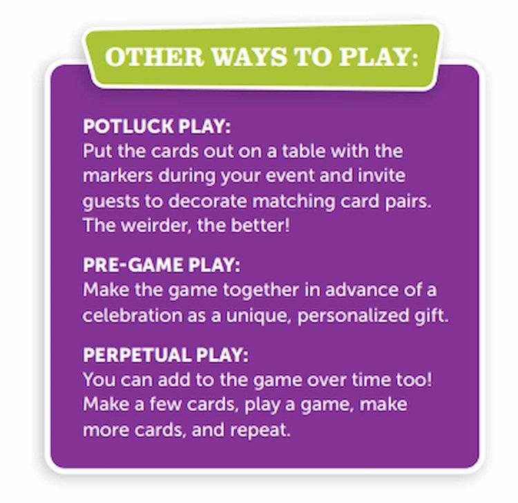 Purple card with green border and text about different ways to play a memory game that helps family remember special moments together with hand drawn memory cards.