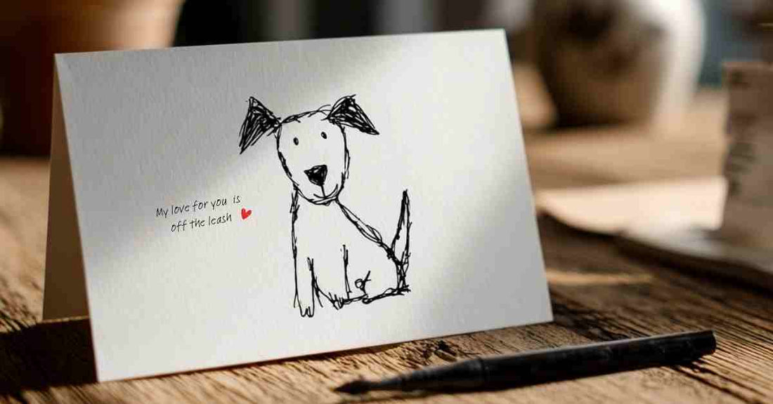 Handmade greeting card with a loose, cute line drawing of a dog and the words ‘My love for you is off the leash,’ simple DIY card idea
