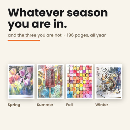 Four reverse coloring pages side by side, one for each season - purple tulips, a popsicle page, a fall leaf mosaic and a winter squirrel - each finished with black pen. The Reverse Coloring Year covers all four seasons across 196 printable pages.