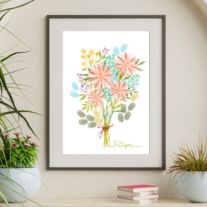 Minimalist fingerprint flower arrangement printable for Mother’s Day DIY keepsake gifts from children to mom, grandma, or teacher.