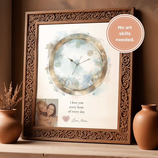 Decorative wall clock art keepsake gift with fingerprints and a photo from mom to daughter ornate wooden frame on a shelf with vases.