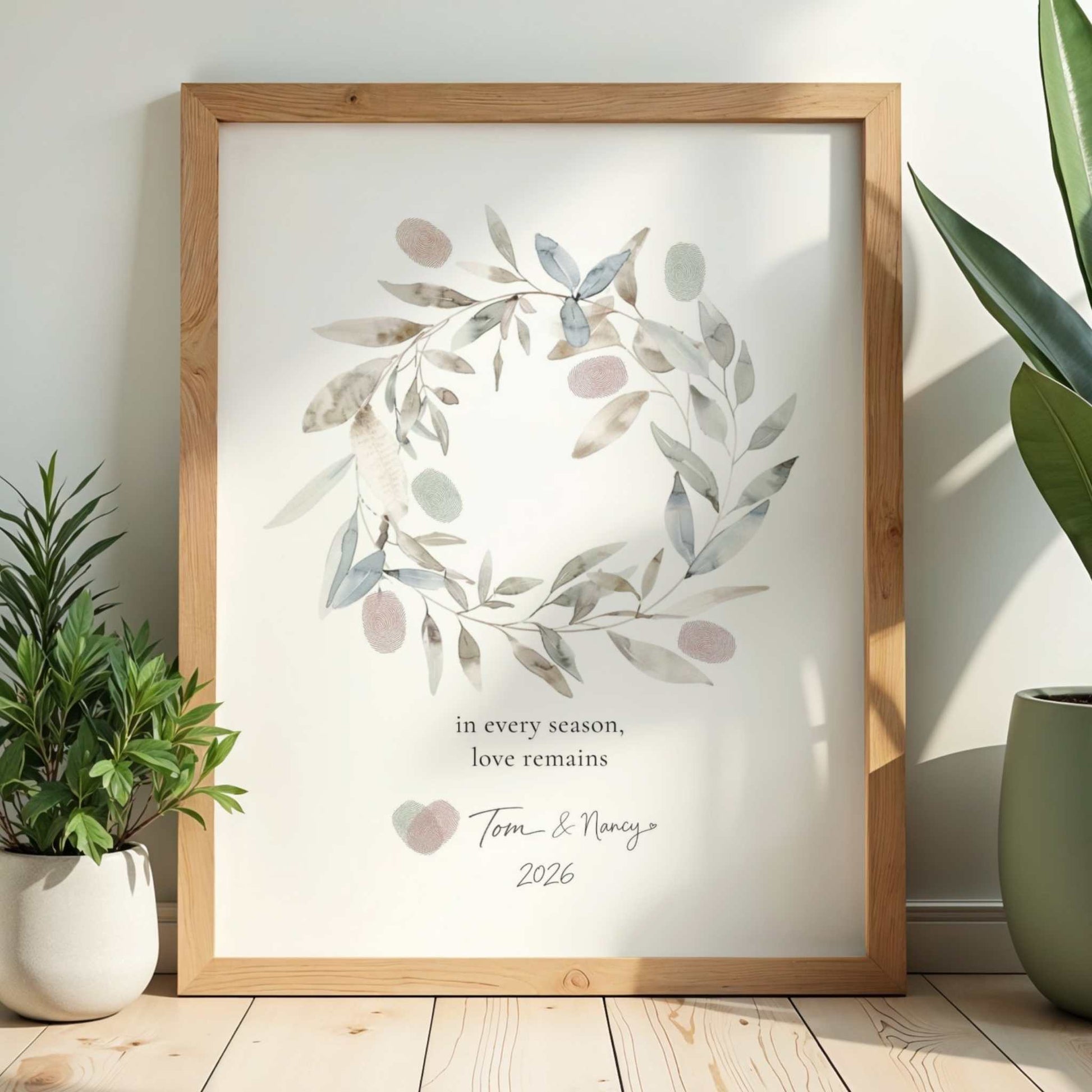 wedding or anniversary keepsake print fingeprint handprint art floral wreath minimal classy design