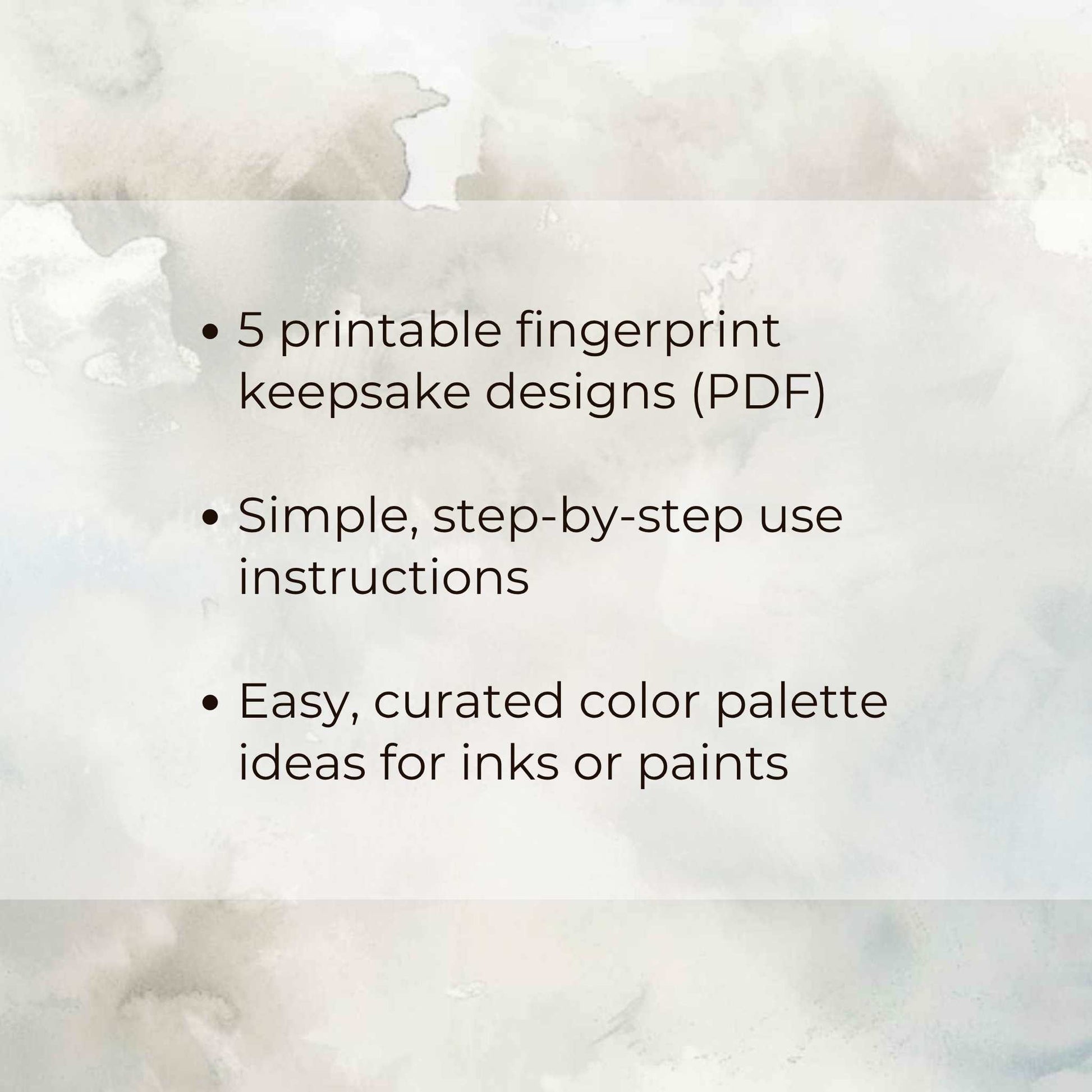 Text overlay on a blurred fingerprint design background with product details. Printable fingerprint keepsake designs with instructions and color palette. 