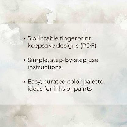 Text overlay on a blurred fingerprint design background with product details. Printable fingerprint keepsake designs with instructions and color palette. 