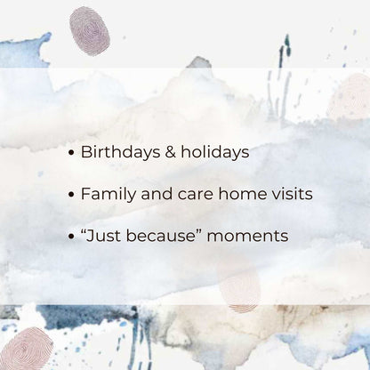 Text on a watercolor background with abstract shapes and text about birthdays, holidays, family visits, and special moments.