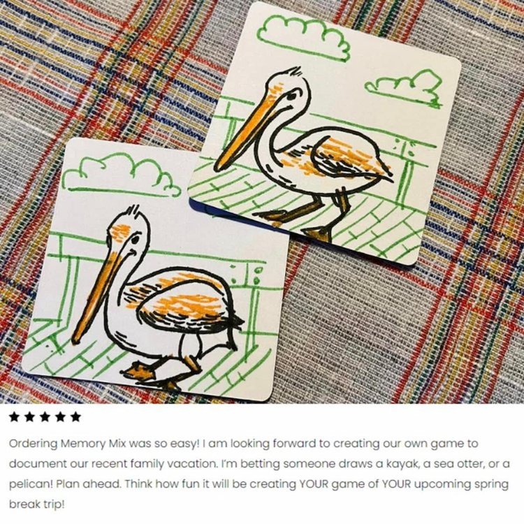 Family vacation memory game cards with inside jokes, travel keepsake activity