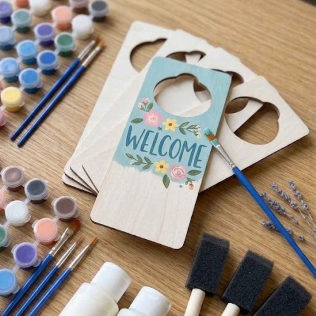 inished ‘Welcome’ wooden door hanger example created with paint kit for creative home decor and keepsake gifts