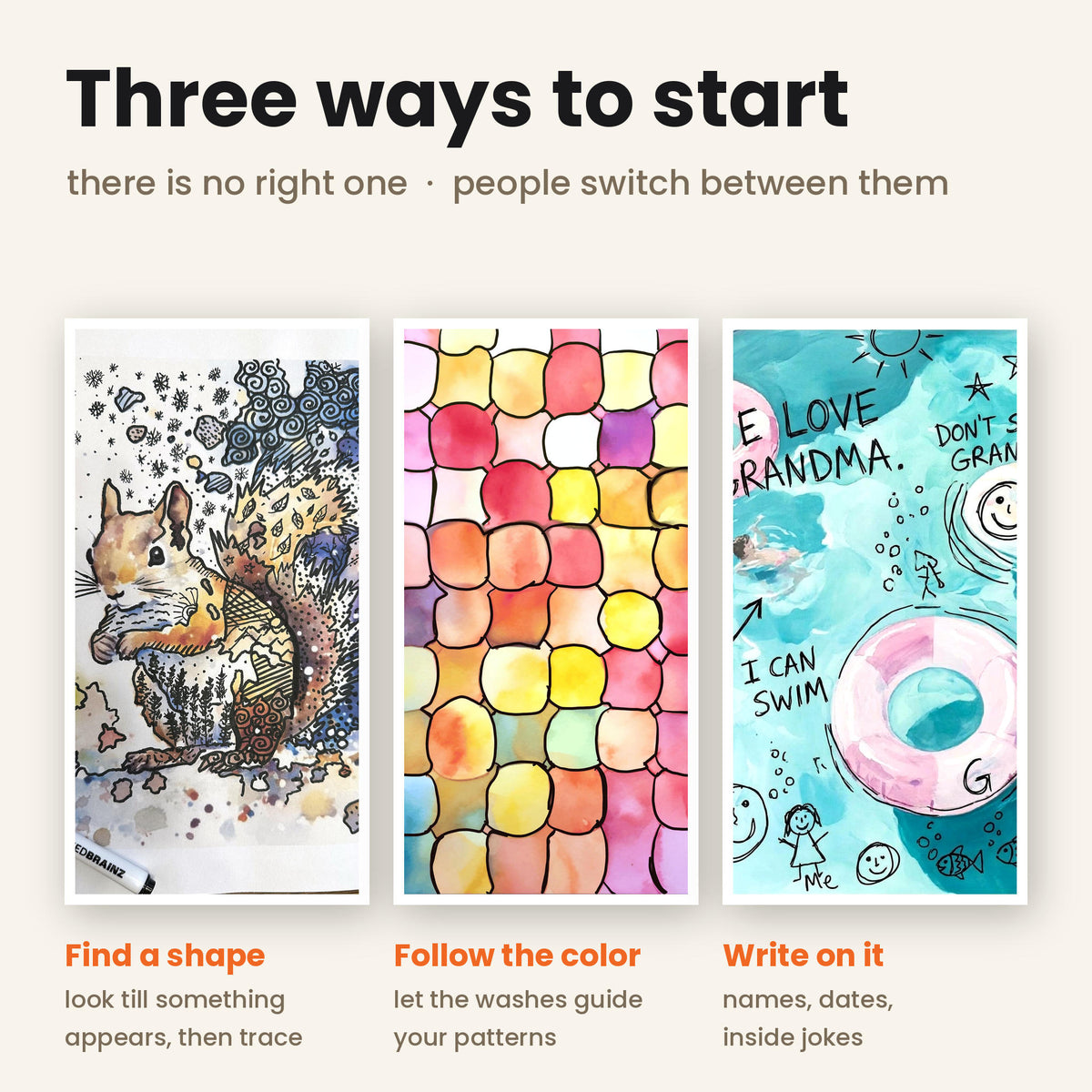 Three ways to start a reverse coloring page, shown side by side: find a shape and trace it, follow the color edges with patterns, or write names and inside jokes over the art.