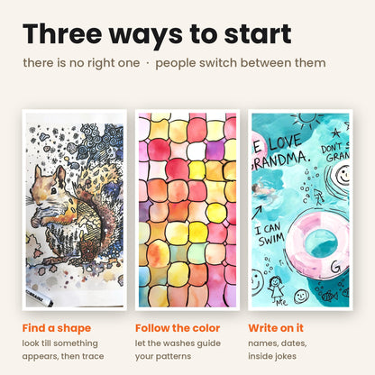 Three ways to start a reverse coloring page, shown side by side: find a shape and trace it, follow the color edges with patterns, or write names and inside jokes over the art.