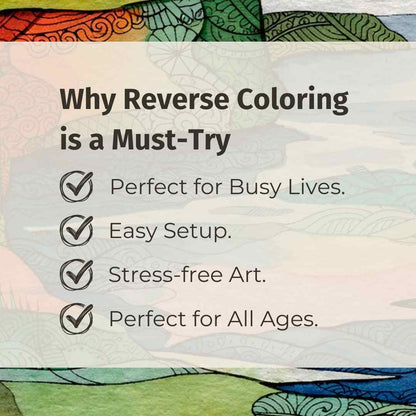 what is reverse coloring and how does it work with benefits listed on a colorful abstract background.