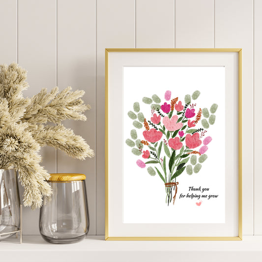 Framed floral DIY artwork for mom or teacher with 'Thank you for helping me grow' text on a wall with decorative elements.