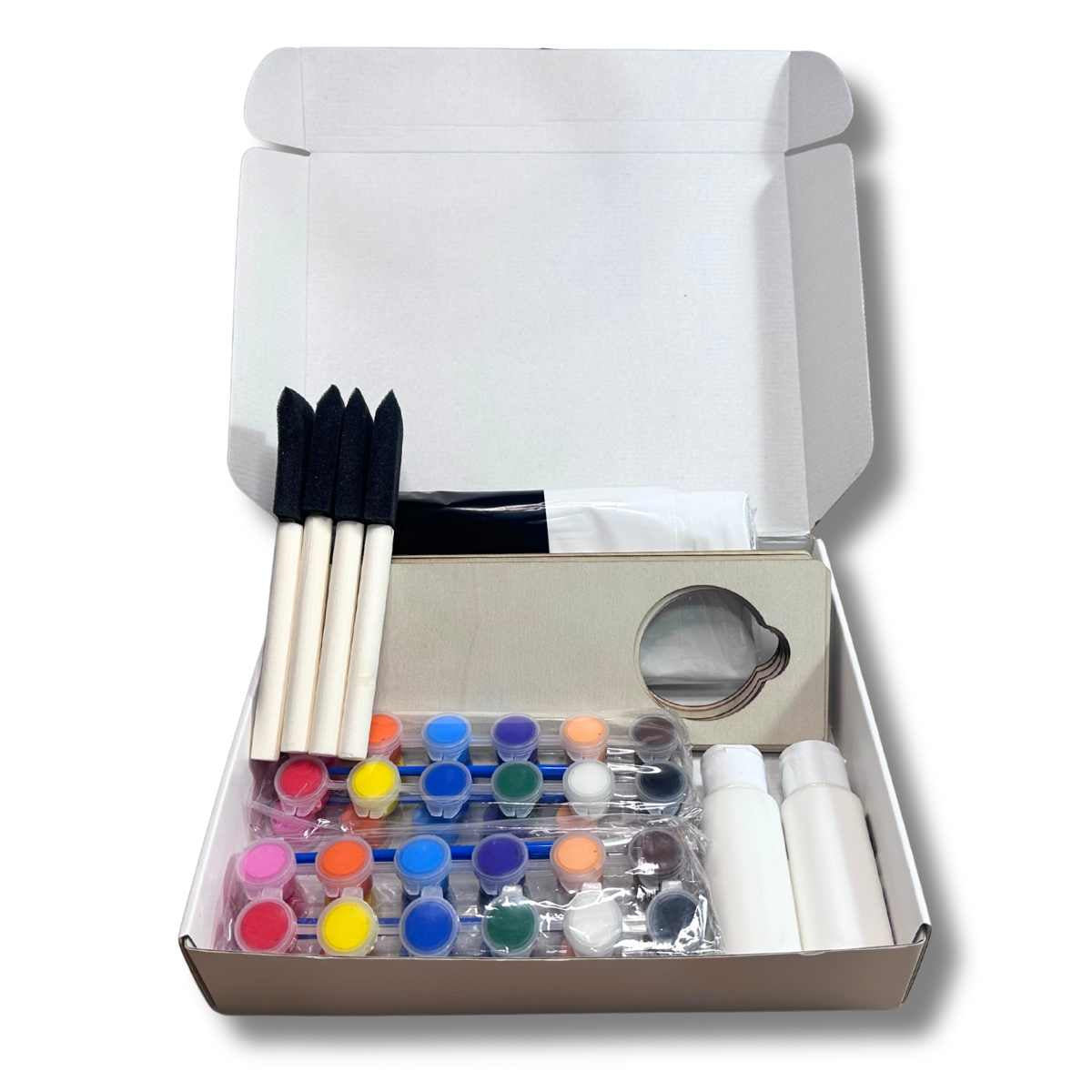 Paint your own door hanger kit contents including wooden hangers, acrylic paint sets, foam brushes and matte sealer