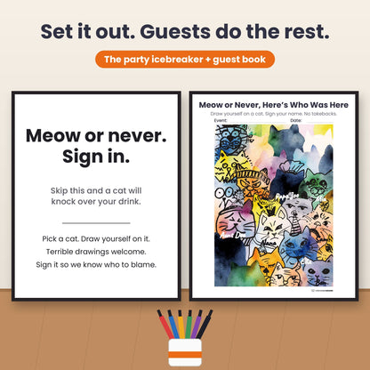 Party icebreaker guest book set featuring a sign for instructions and a guest book with colorful cartoon cats, shown on a beige background with the text 'Set it out. Guests do the rest.