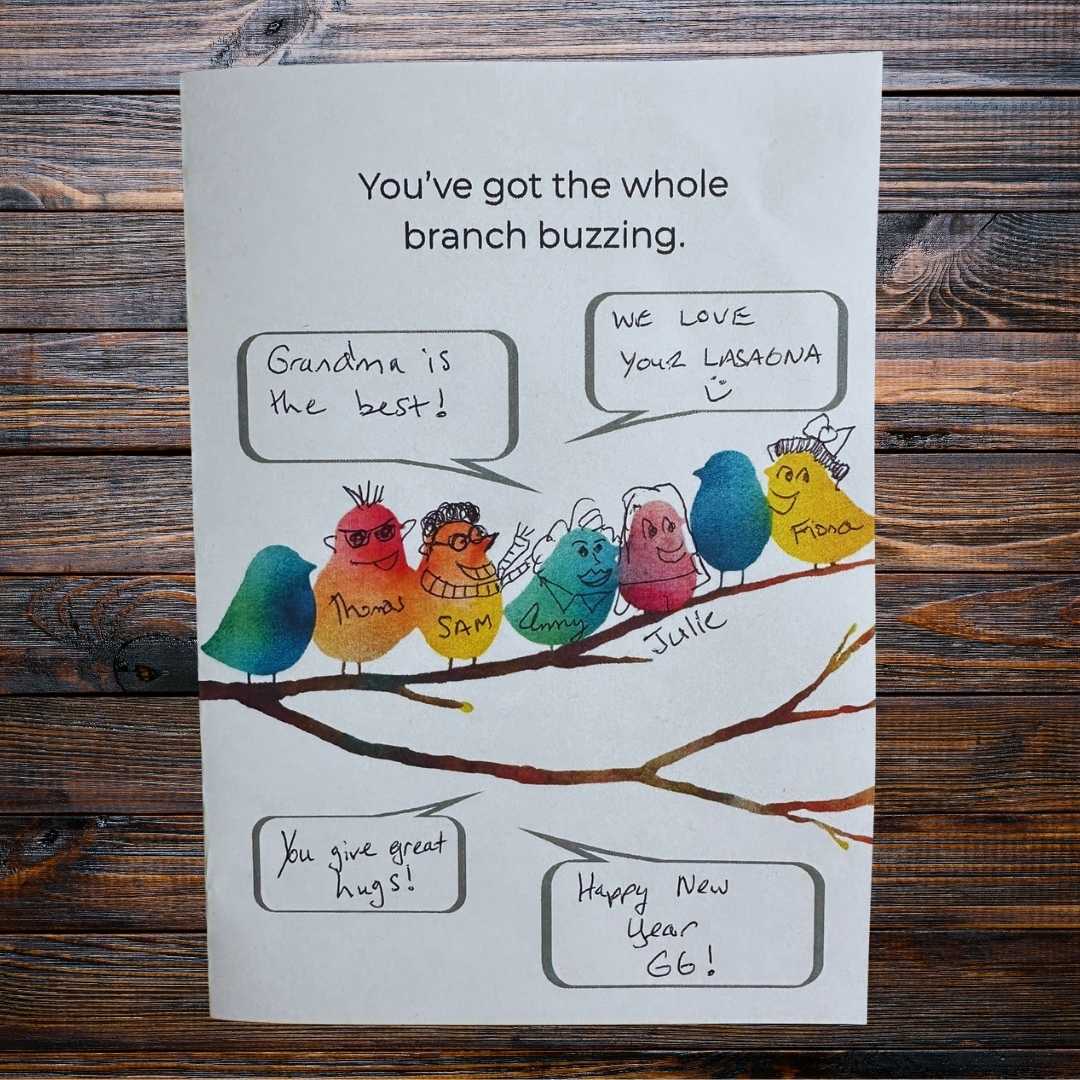 Printable bird family doodle greeting card, keepsake card kids and adults make together