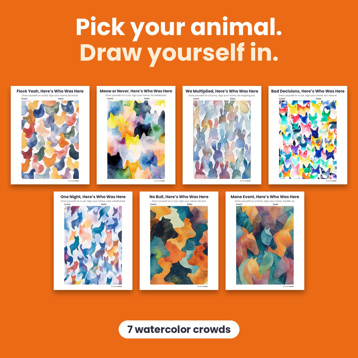 Birds, cats, bunnies, cows, and horses. Pick the crowd that fits your party, print it, and let guests draw themselves in. Each animal comes with its own funny sign. One PDF, seven sets. 