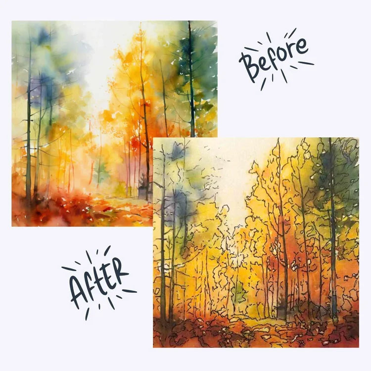 Before and after artwork showing fall trail reverse coloring used in art therapy for older adults and memory care settings, calming, creative activity.