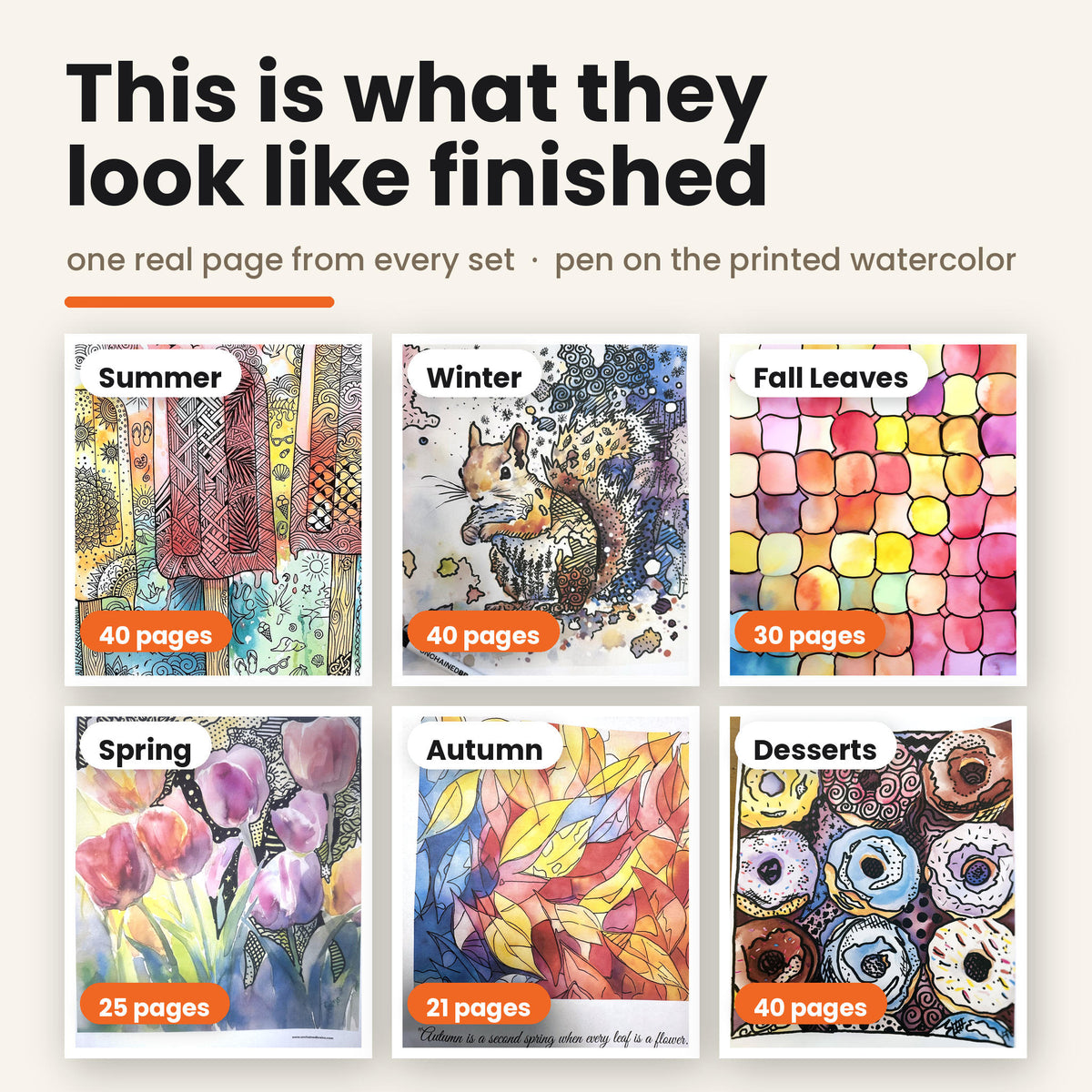 Six finished reverse coloring pages, one from every set in the bundle: summer popsicles, a winter squirrel, a fall leaf mosaic, spring tulips, autumn leaves with a quote, and a page of donuts. Each watercolor-style page has been completed with black pen.