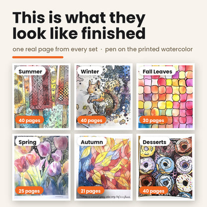 Six finished reverse coloring pages, one from every set in the bundle: summer popsicles, a winter squirrel, a fall leaf mosaic, spring tulips, autumn leaves with a quote, and a page of donuts. Each watercolor-style page has been completed with black pen.
