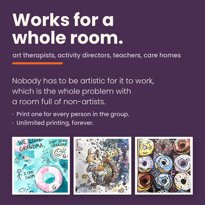 Three finished reverse coloring pages beneath text explaining the pages work for a whole room - art therapists, activity directors, teachers and care homes - because nobody has to be artistic for it to work.
