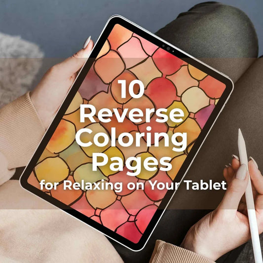 reverse coloring pages shown on iPad screen with fall-themed mosaic design digital art for relaxation