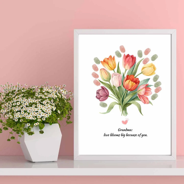 Fingerprint tulip bouquet art made by kids, free printable keepsake gift idea