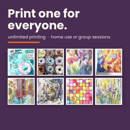 Eight different finished reverse coloring pages arranged in a grid on a deep purple background. The bundle includes unlimited printing for home use or group sessions.