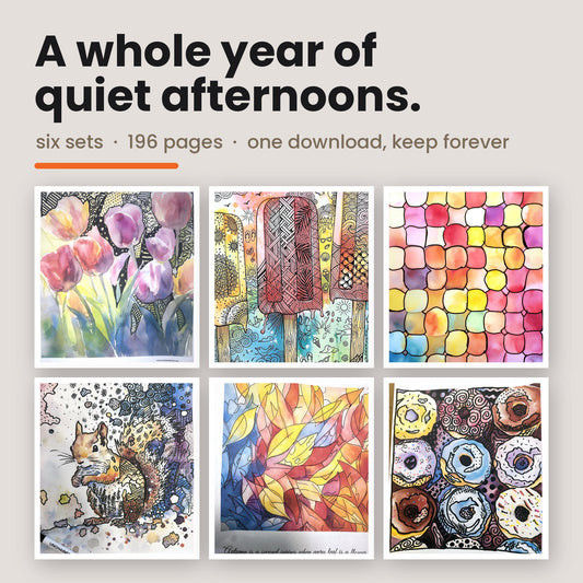 Six watercolor-style reverse coloring pages finished with black pen, arranged in two rows - spring tulips, summer popsicles, a fall leaf mosaic, a winter squirrel, autumn leaves and donuts. Six sets, 196 pages, one download.